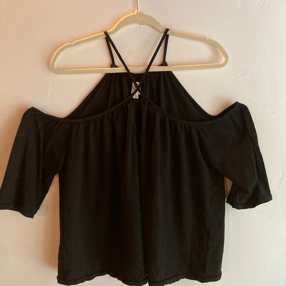 Roi Black Cotton Cold Shoulder Halter Top